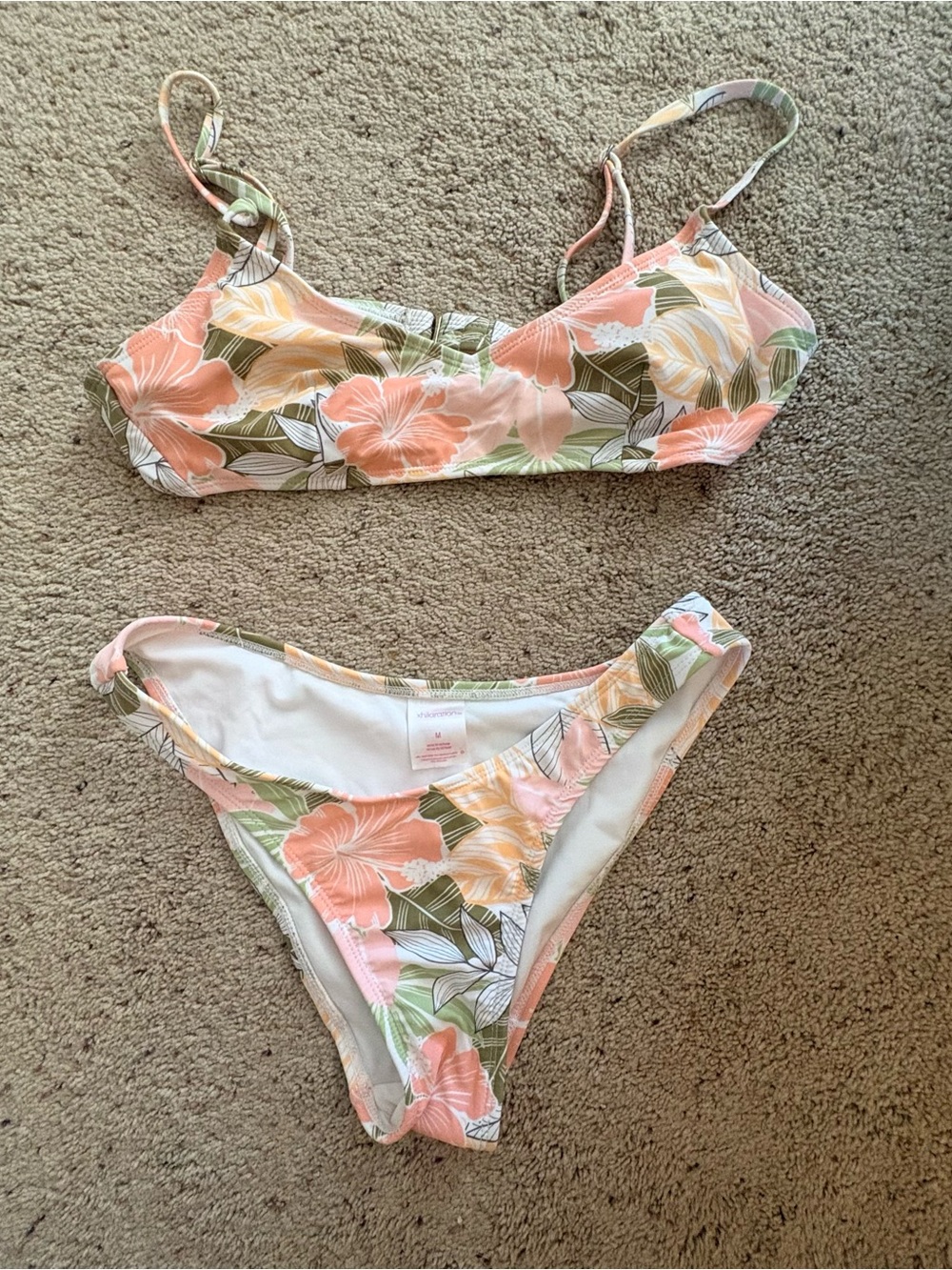 Xhilaration Peach Floral Bikini with Green Leaf Accents
